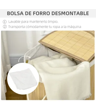Cesto para Ropa Sucia de Bambú 100L 2 Compartimentos Bolsa Interior Extraíble y Lavable 62,5x37x60,5 cm Natural