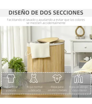 Cesto para Ropa Sucia de Bambú 100L 2 Compartimentos Bolsa Interior Extraíble y Lavable 62,5x37x60,5 cm Natural