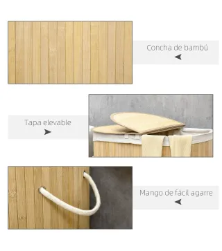 Cesto para Ropa Sucia de Bambú 100L 2 Compartimentos Bolsa Interior Extraíble y Lavable 62,5x37x60,5 cm Natural