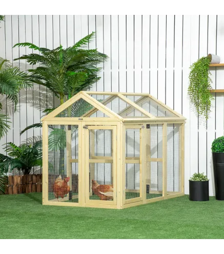 Gallinero para Exterior 140x88,5x106 cm con 3 Perchas Marco de Madera y 2 Puertas con Cierre Madera Natural