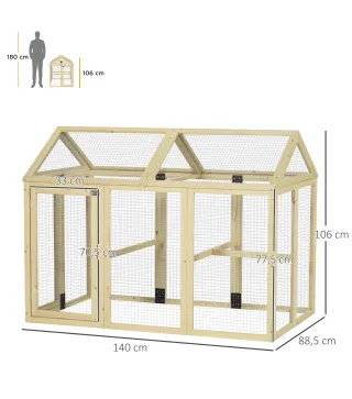 Gallinero para Exterior 140x88,5x106 cm con 3 Perchas Marco de Madera y 2 Puertas con Cierre Madera Natural