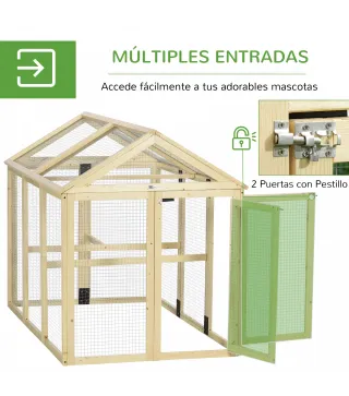 Gallinero para Exterior 140x88,5x106 cm con 3 Perchas Marco de Madera y 2 Puertas con Cierre Madera Natural