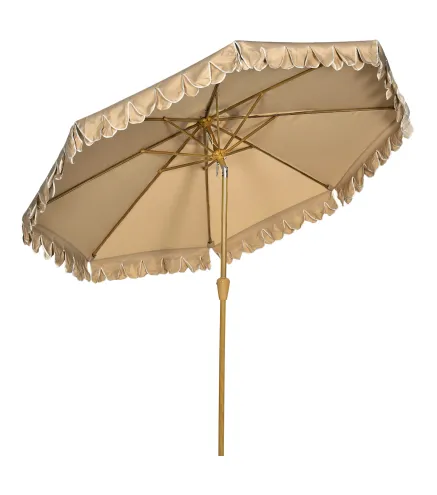 Sombrilla de Jardín Ø264x240 cm con Ángulo Ajustable Manivela y Toldo con Volantes Decorativos para Patio Terraza Caqui