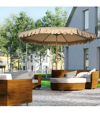 Sombrilla de Jardín Ø264x240 cm con Ángulo Ajustable Manivela y Toldo con Volantes Decorativos para Patio Terraza Caqui