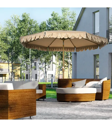 Sombrilla de Jardín Ø264x240 cm con Ángulo Ajustable Manivela y Toldo con Volantes Decorativos para Patio Terraza Caqui