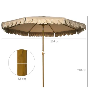 Sombrilla de Jardín Ø264x240 cm con Ángulo Ajustable Manivela y Toldo con Volantes Decorativos para Patio Terraza Caqui