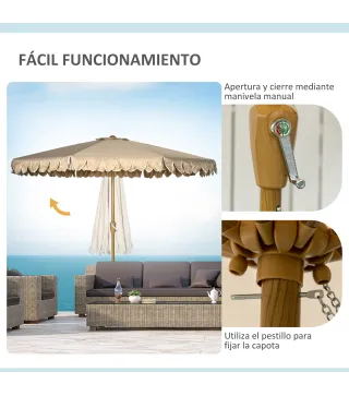 Sombrilla de Jardín Ø264x240 cm con Ángulo Ajustable Manivela y Toldo con Volantes Decorativos para Patio Terraza Caqui