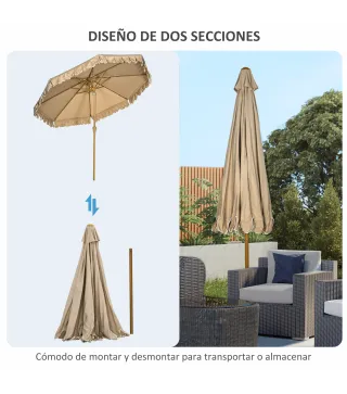 Sombrilla de Jardín Ø264x240 cm con Ángulo Ajustable Manivela y Toldo con Volantes Decorativos para Patio Terraza Caqui