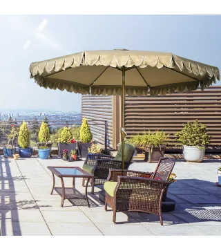 Sombrilla de Jardín Ø264x240 cm con Ángulo Ajustable Manivela y Toldo con Volantes Decorativos para Patio Terraza Caqui