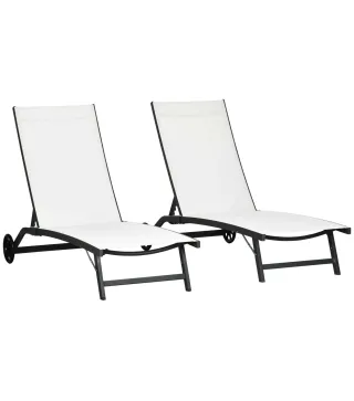 Juego de 2 Tumbonas Reclinables de Jardín de Aluminio con Respaldo Ajustable y Ruedas 165x66x102 cm Blanco Mate