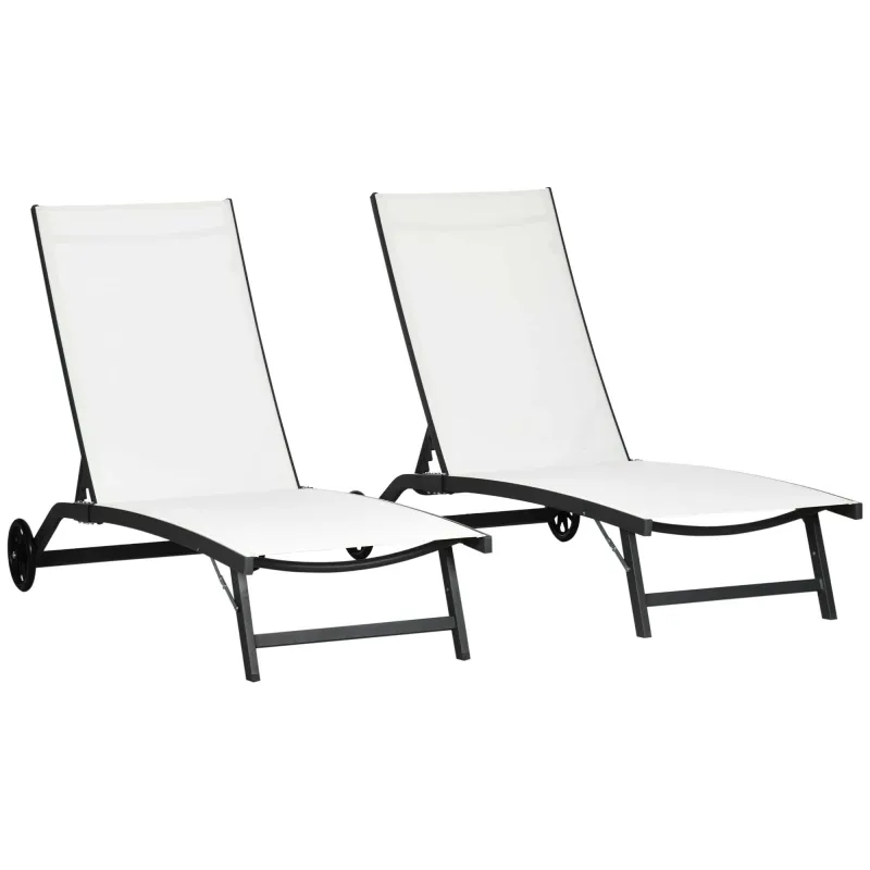Juego de 2 Tumbonas Reclinables de Jardín de Aluminio con Respaldo Ajustable y Ruedas 165x66x102 cm Blanco Mate Juego de 2 Tumbonas Reclinables de Jardín de Aluminio con Respaldo Ajustable y Ruedas 165x66x102 cm Blanco Mate