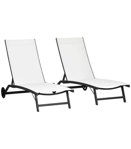 Juego de 2 Tumbonas Reclinables de Jardín de Aluminio con Respaldo Ajustable y Ruedas 165x66x102 cm Blanco Mate