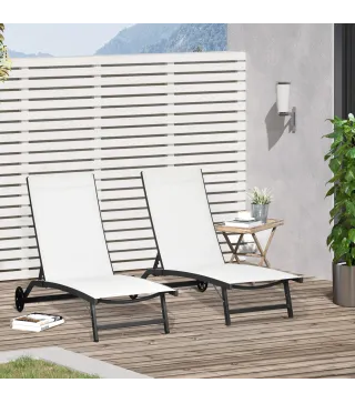 Juego de 2 Tumbonas Reclinables de Jardín de Aluminio con Respaldo Ajustable y Ruedas 165x66x102 cm Blanco Mate