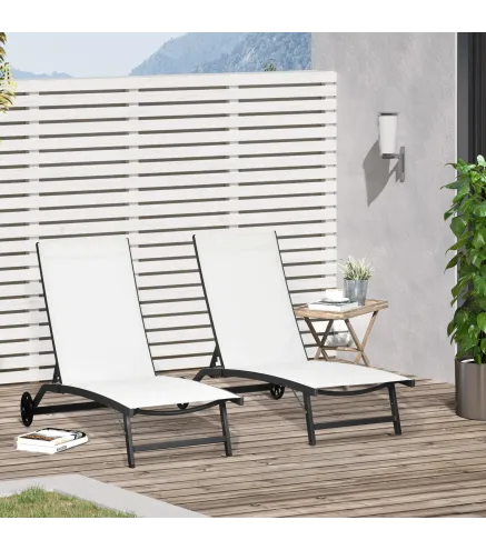 Juego de 2 Tumbonas Reclinables de Jardín de Aluminio con Respaldo Ajustable y Ruedas 165x66x102 cm Blanco Mate