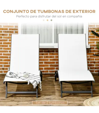 Juego de 2 Tumbonas Reclinables de Jardín de Aluminio con Respaldo Ajustable y Ruedas 165x66x102 cm Blanco Mate