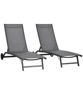 Juego de 2 Tumbonas Reclinables de Jardín de Aluminio con Respaldo Ajustable y Ruedas 165x66x102 cm Gris Oscuro