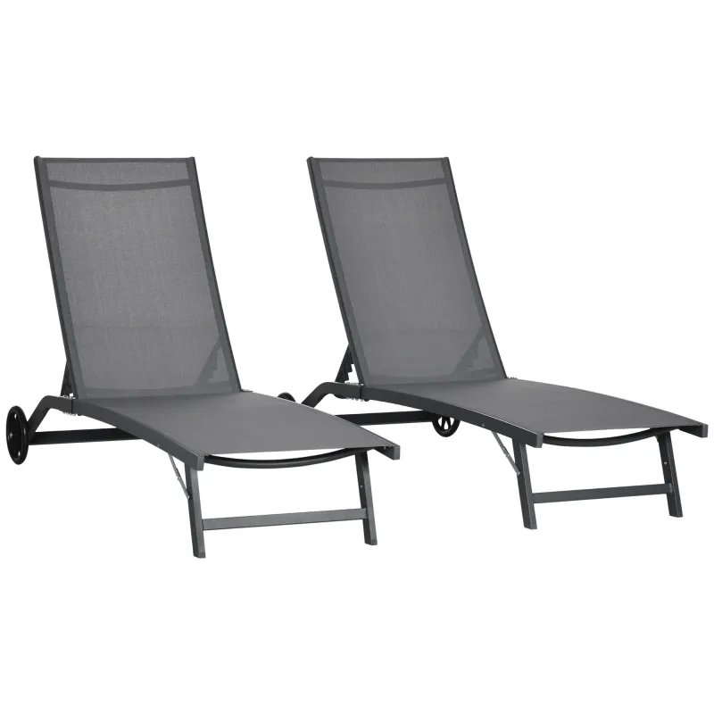 Juego de 2 Tumbonas Reclinables de Jardín de Aluminio con Respaldo Ajustable y Ruedas 165x66x102 cm Gris Oscuro