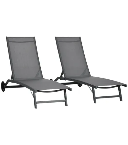 Juego de 2 Tumbonas Reclinables de Jardín de Aluminio con Respaldo Ajustable y Ruedas 165x66x102 cm Gris Oscuro