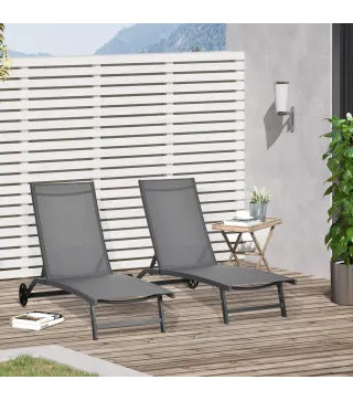 Juego de 2 Tumbonas Reclinables de Jardín de Aluminio con Respaldo Ajustable y Ruedas 165x66x102 cm Gris Oscuro