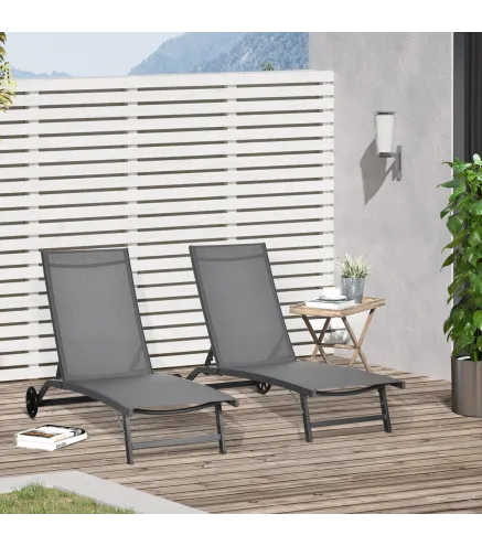 Juego de 2 Tumbonas Reclinables de Jardín de Aluminio con Respaldo Ajustable y Ruedas 165x66x102 cm Gris Oscuro