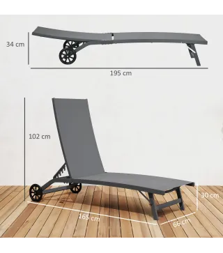 Juego de 2 Tumbonas Reclinables de Jardín de Aluminio con Respaldo Ajustable y Ruedas 165x66x102 cm Gris Oscuro