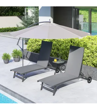 Juego de 2 Tumbonas Reclinables de Jardín de Aluminio con Respaldo Ajustable y Ruedas 165x66x102 cm Gris Oscuro