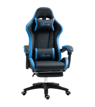 Silla Gaming Silla Gamer de Cuero PU Reclinable 135° Reposacabezas y Reposapiés 65x65x121-129 cm Negro y Azul