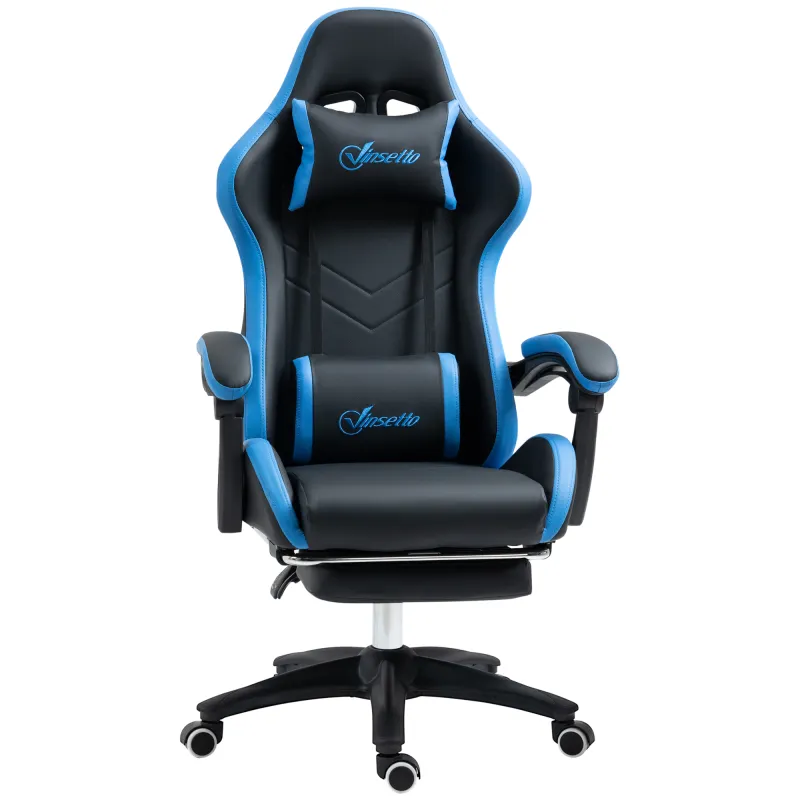 Silla Gaming Silla Gamer de Cuero PU Reclinable 135° Reposacabezas y Reposapiés 65x65x121-129 cm Negro y Azul