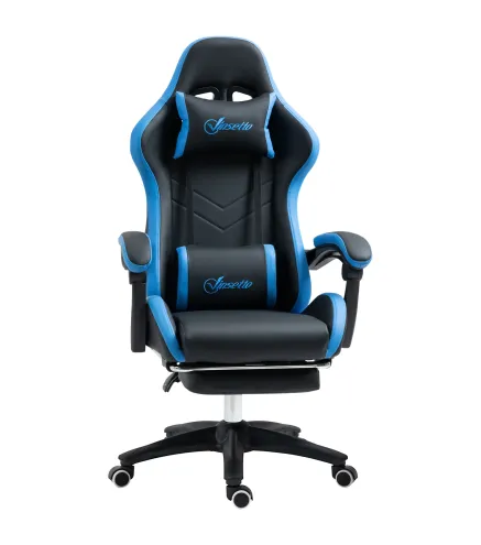 Silla Gaming Silla Gamer de Cuero PU Reclinable 135° Reposacabezas y Reposapiés 65x65x121-129 cm Negro y Azul