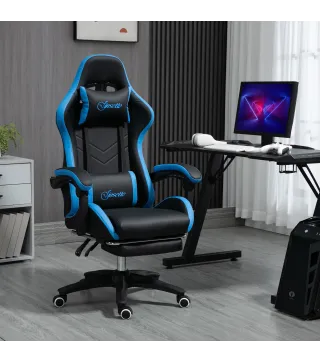 Silla Gaming Silla Gamer de Cuero PU Reclinable 135° Reposacabezas y Reposapiés 65x65x121-129 cm Negro y Azul