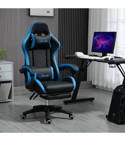 Silla Gaming Silla Gamer de Cuero PU Reclinable 135° Reposacabezas y Reposapiés 65x65x121-129 cm Negro y Azul