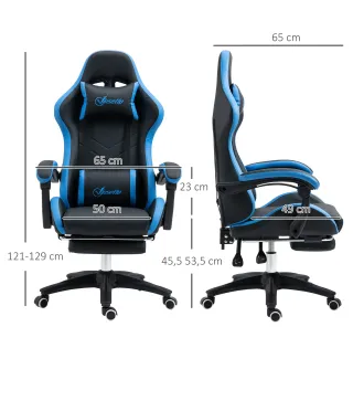 Silla Gaming Silla Gamer de Cuero PU Reclinable 135° Reposacabezas y Reposapiés 65x65x121-129 cm Negro y Azul