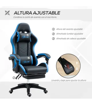 Silla Gaming Silla Gamer de Cuero PU Reclinable 135° Reposacabezas y Reposapiés 65x65x121-129 cm Negro y Azul