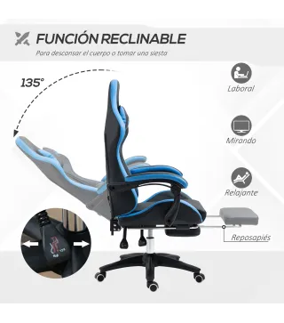 Silla Gaming Silla Gamer de Cuero PU Reclinable 135° Reposacabezas y Reposapiés 65x65x121-129 cm Negro y Azul