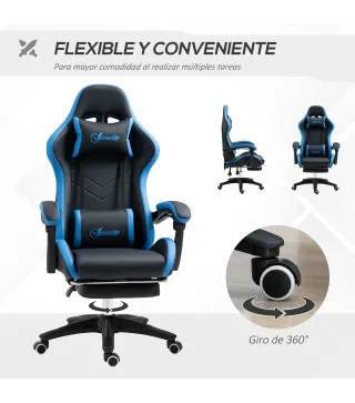 Silla Gaming Silla Gamer de Cuero PU Reclinable 135° Reposacabezas y Reposapiés 65x65x121-129 cm Negro y Azul