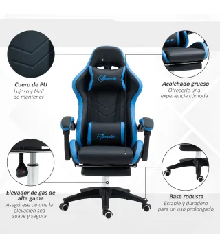 Silla Gaming Silla Gamer de Cuero PU Reclinable 135° Reposacabezas y Reposapiés 65x65x121-129 cm Negro y Azul