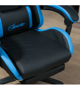 Silla Gaming Silla Gamer de Cuero PU Reclinable 135° Reposacabezas y Reposapiés 65x65x121-129 cm Negro y Azul