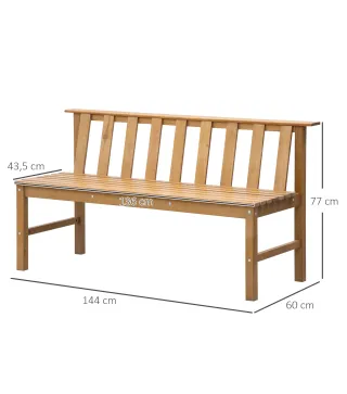 Banco de Jardín de 3 Plazas Banco Exterior de Madera con Respaldo de Listones para Terraza Patio 144x60x77 cm Natural