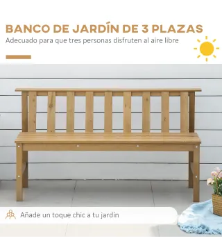 Banco de Jardín de 3 Plazas Banco Exterior de Madera con Respaldo de Listones para Terraza Patio 144x60x77 cm Natural