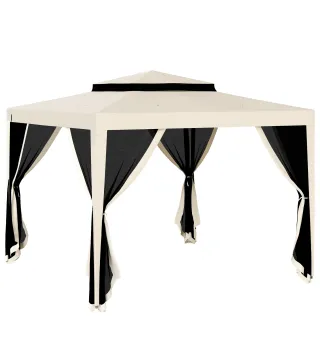 Carpa de Jardín 3x3 m Cenador Gazebo con 4 Mosquiteras Laterales Techo Doble 8 Orificios de Drenaje Marco de Metal Beige