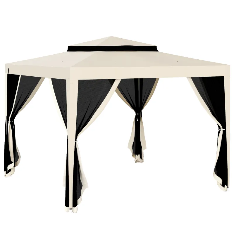 Carpa de Jardín 3x3 m Cenador Gazebo con 4 Mosquiteras Laterales Techo Doble 8 Orificios de Drenaje Marco de Metal Beige