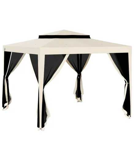 Carpa de Jardín 3x3 m Cenador Gazebo con 4 Mosquiteras Laterales Techo Doble 8 Orificios de Drenaje Marco de Metal Beige