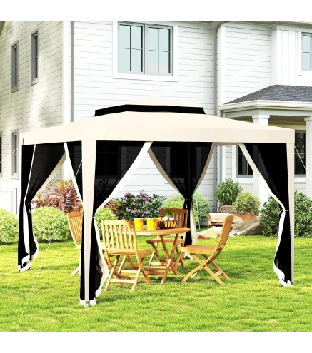 Carpa de Jardín 3x3 m Cenador Gazebo con 4 Mosquiteras Laterales Techo Doble 8 Orificios de Drenaje Marco de Metal Beige