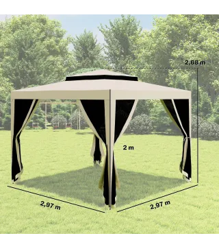 Carpa de Jardín 3x3 m Cenador Gazebo con 4 Mosquiteras Laterales Techo Doble 8 Orificios de Drenaje Marco de Metal Beige