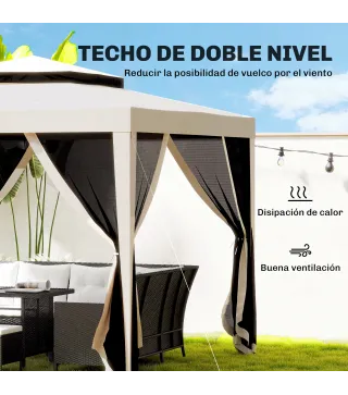 Carpa de Jardín 3x3 m Cenador Gazebo con 4 Mosquiteras Laterales Techo Doble 8 Orificios de Drenaje Marco de Metal Beige