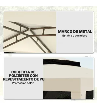 Carpa de Jardín 3x3 m Cenador Gazebo con 4 Mosquiteras Laterales Techo Doble 8 Orificios de Drenaje Marco de Metal Beige