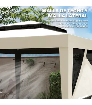Carpa de Jardín 3x3 m Cenador Gazebo con 4 Mosquiteras Laterales Techo Doble 8 Orificios de Drenaje Marco de Metal Beige