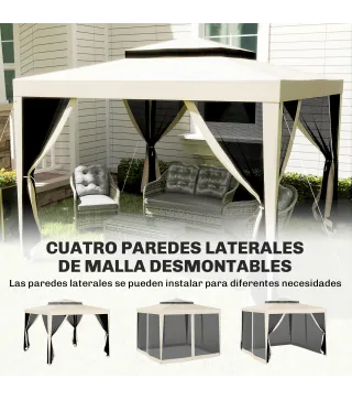Carpa de Jardín 3x3 m Cenador Gazebo con 4 Mosquiteras Laterales Techo Doble 8 Orificios de Drenaje Marco de Metal Beige
