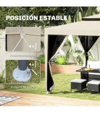 Carpa de Jardín 3x3 m Cenador Gazebo con 4 Mosquiteras Laterales Techo Doble 8 Orificios de Drenaje Marco de Metal Beige