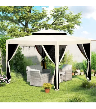 Carpa de Jardín 3x3 m Cenador Gazebo con 4 Mosquiteras Laterales Techo Doble 8 Orificios de Drenaje Marco de Metal Beige